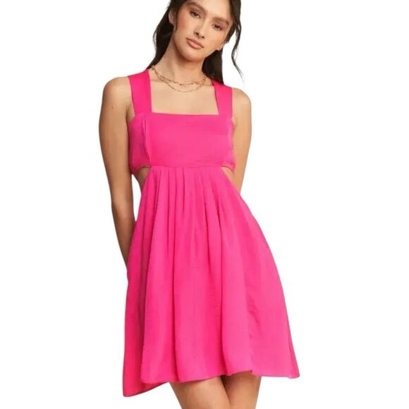 Hot Pink Mini Dress Pocket Washed Satin Cutout Skirt Bandeau | Davi & Dani - Picture 5 of 16